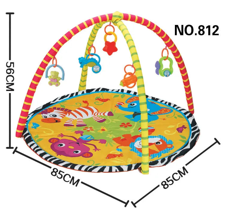 Colourful baby gymnastic blanket with velvet fabric and animal toys for crawling play.