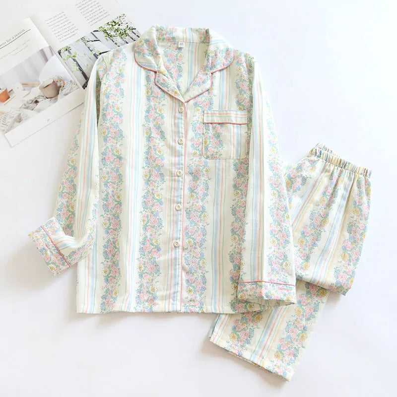 Cotton gauze long-sleeved top and trousers two-piece homewear set in a colour stripes print.