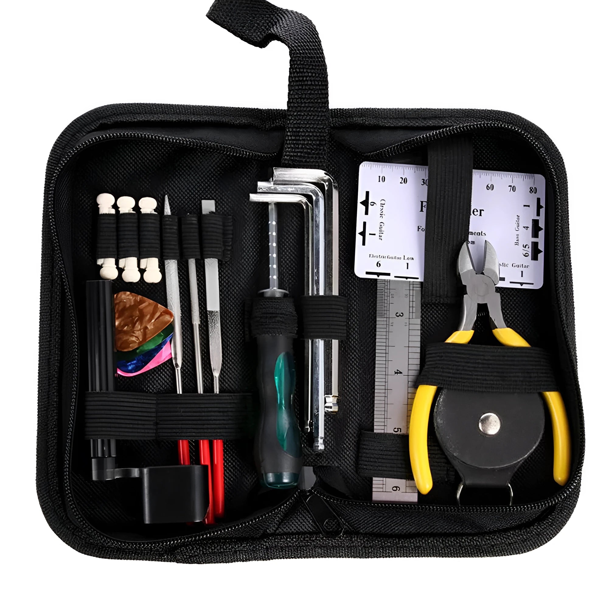 Black guitar repair tool kit open to show tools, next to an acoustic guitar.