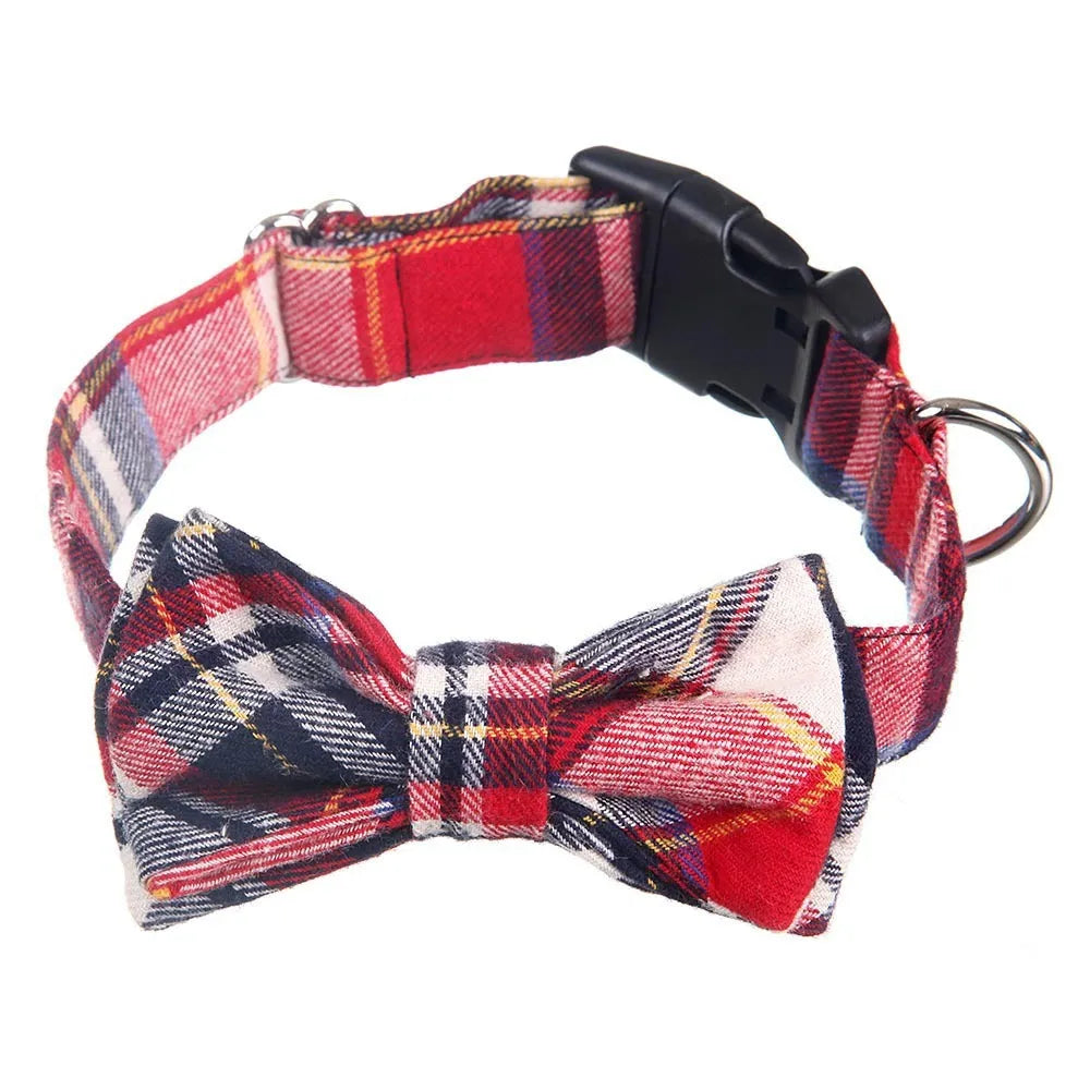 Pet bow collar grid pattern cloth blue, 2.0cm wide, size S, for dogs with neck circumference 31-39cm
