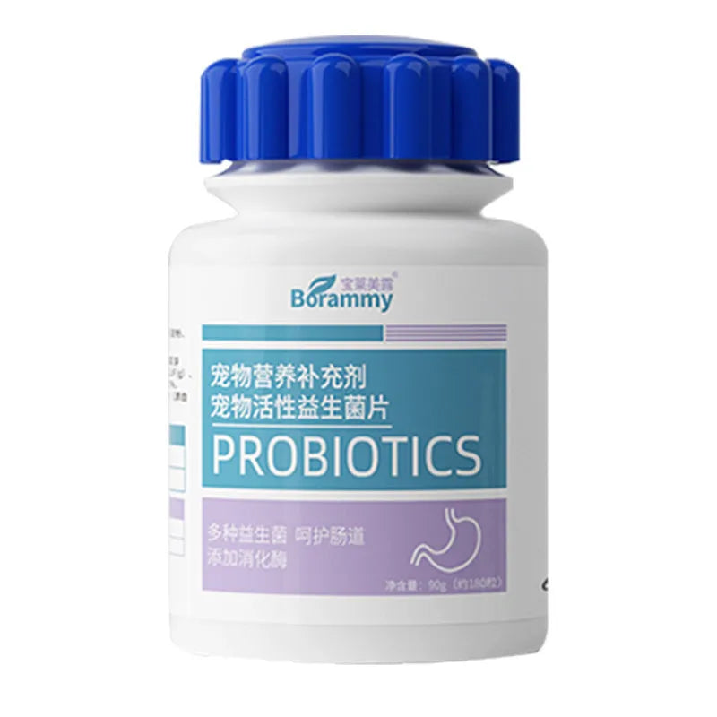 Bottle of 180-count pet probiotic tablets for dogs and cats digestive health supplement.