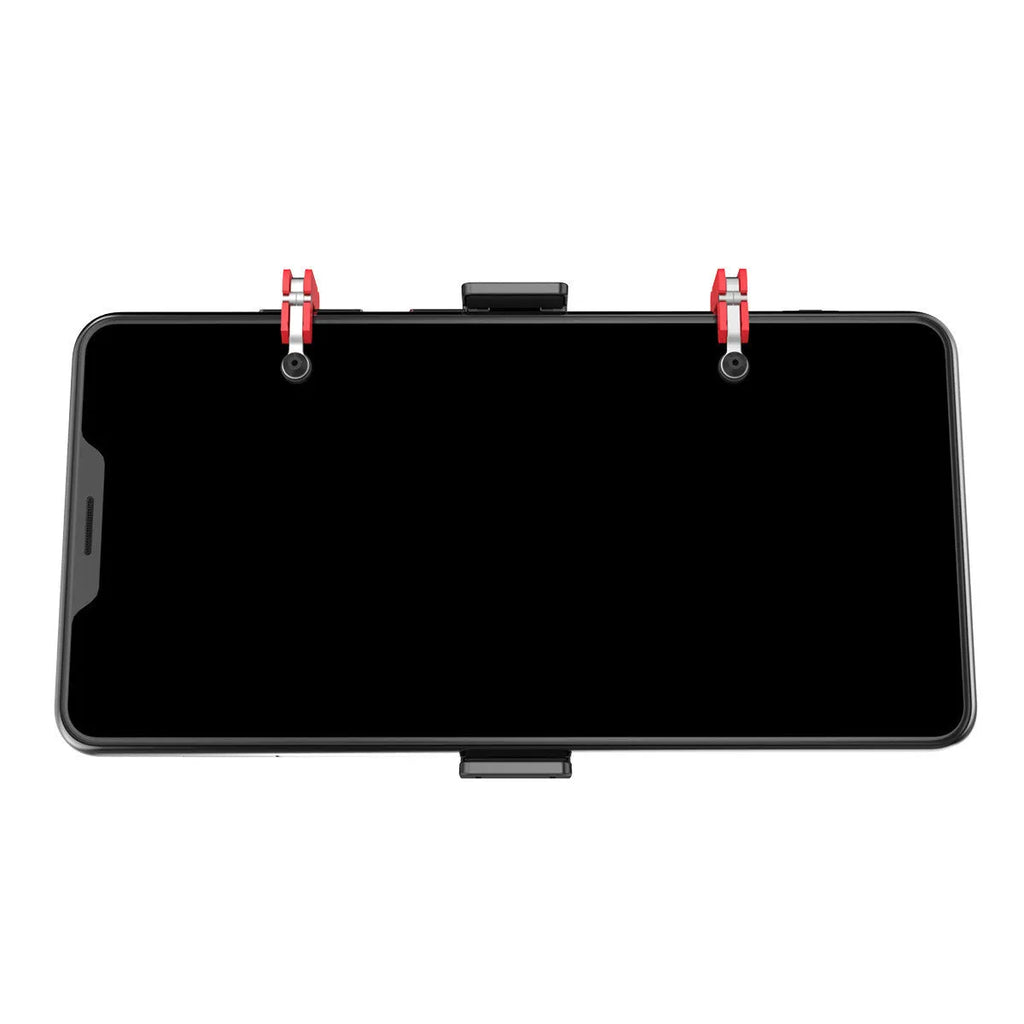 Black mobile gaming phone bracket with ergonomic handle and telescopic phone clip extended.