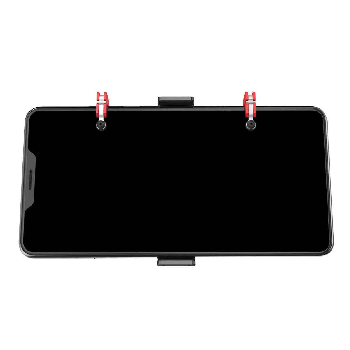 Black mobile gaming phone bracket with ergonomic handle and telescopic phone clip extended.