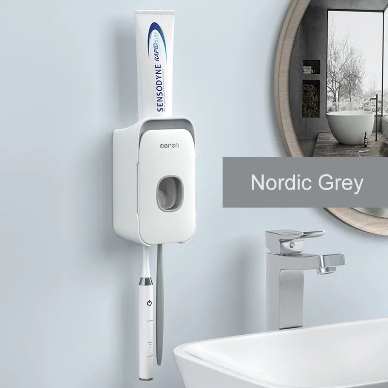 Wall-mounted automatic toothpaste dispenser with touch sensor and LED light in blue colour