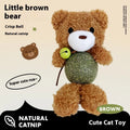 Brown bear plush cat toy with a bell and a mint ball for chewing, measuring 15cm tall.