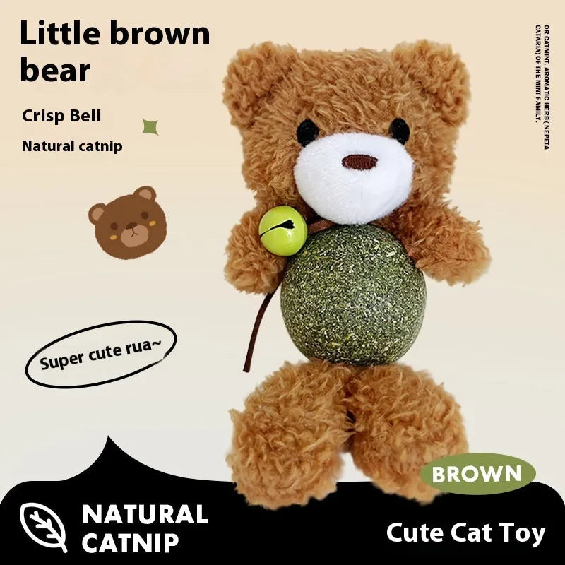 Brown bear plush cat toy with a bell and a mint ball for chewing, measuring 15cm tall.