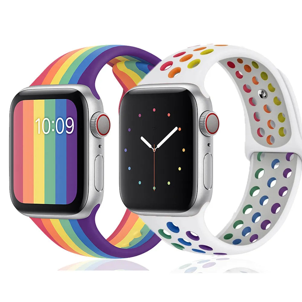 Silicone sports wristband with buckle strap in black, rainbow, or white colours.
