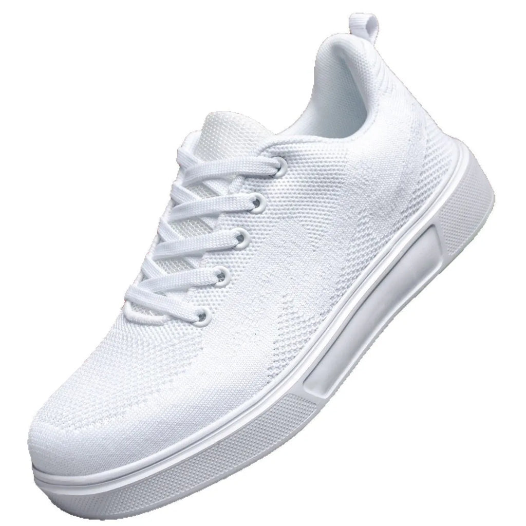 White casual sports shoes with thick EVA sole and mesh upper, flat heel, round toe, front lace-up closure