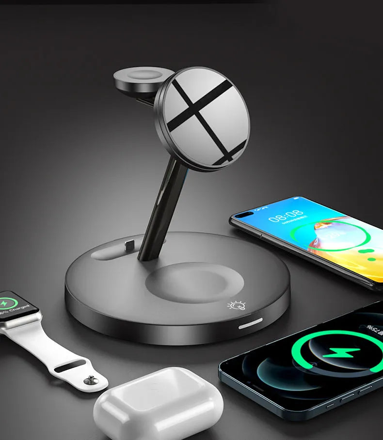 Magnetic three-in-one wireless fast charger in black with USB interface and data cable