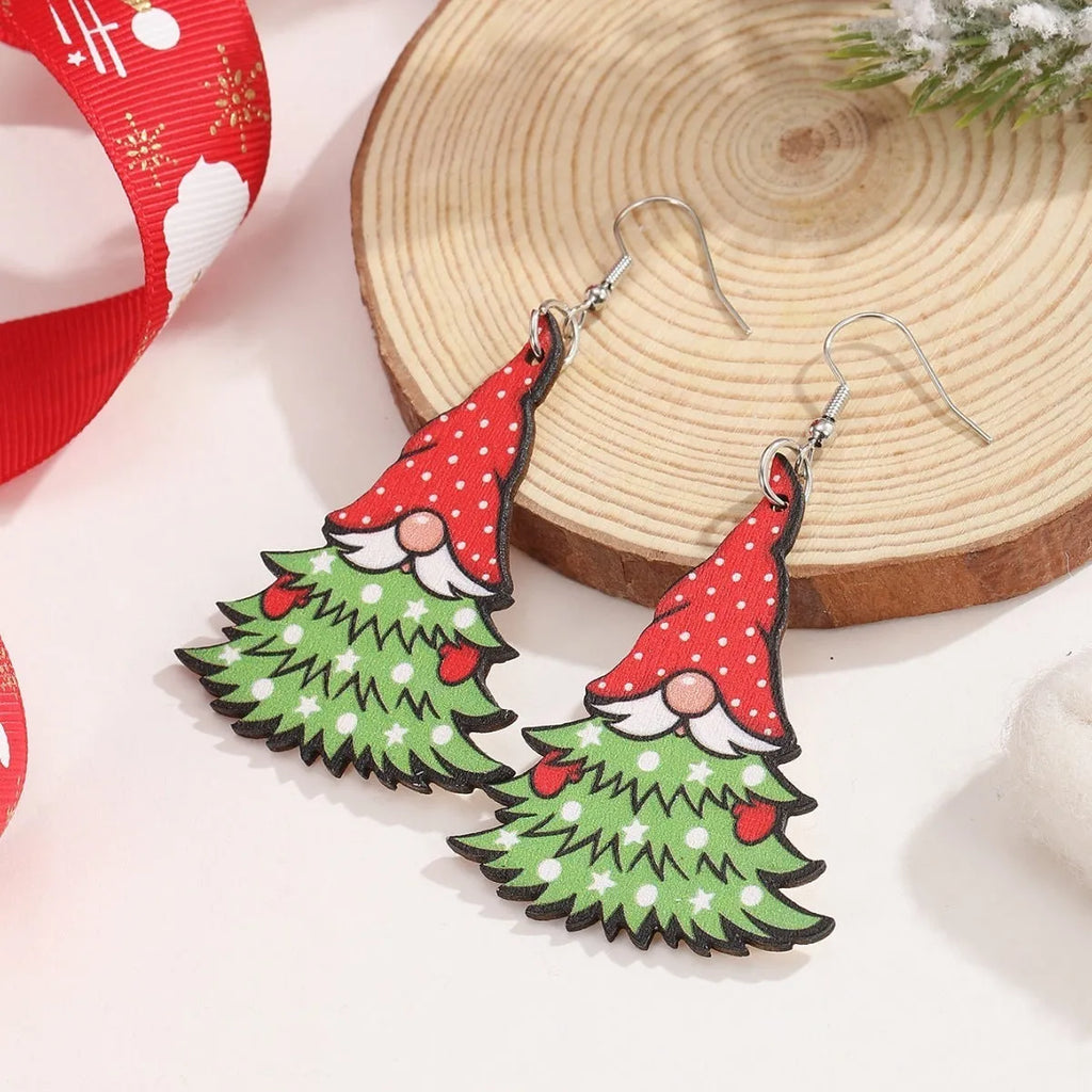 Wooden Christmas earrings set with geometric tree and water drop snowman designs