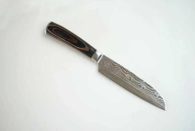 7Cr17 stainless steel kitchen knife with coloured wood handle and Damascus pattern blade on a black gift box.
