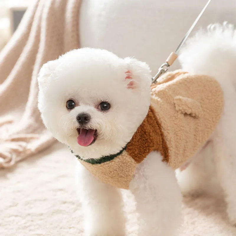 Colour-block pet fleece jacket with squirrel patch, leash ring, and pockets in green, brown, and beige on a small dog.