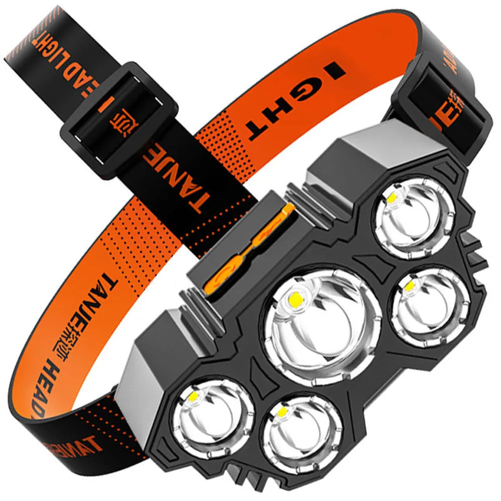 T21 USB rechargeable headlight with 5 LED beads, 4500 lumens, black ABS body, adjustable head angle