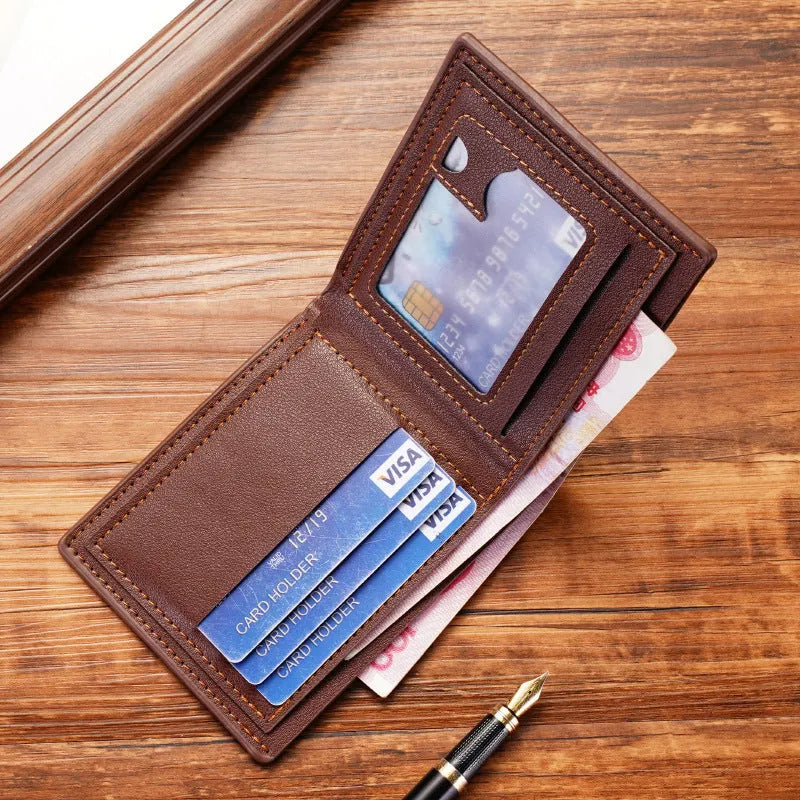 Men's thin three-fold horizontal wallet in PU leather with multiple card slots