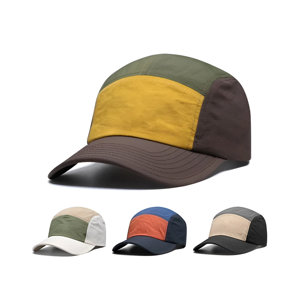 Men's quick-drying cotton-polyester baseball cap with curved brim in khaki, green, orange, and yellow colours.