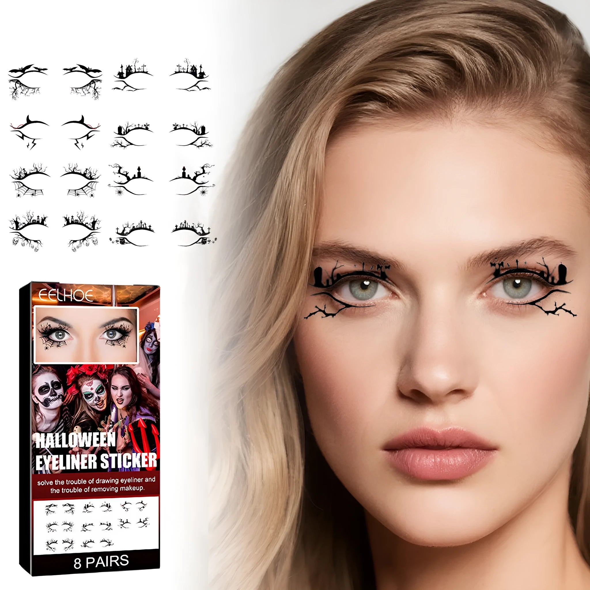 Bat and spider design eyeliner sticker sheets for dramatic eye makeup