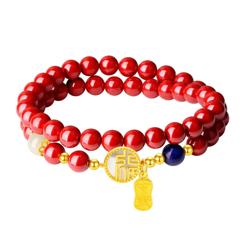 S925 sterling silver bracelet with purple gold sandstone charm, white shell card, and red cinnabar details.