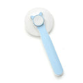Self-cleaning pet grooming brush with stainless steel tips and blue rubber handle