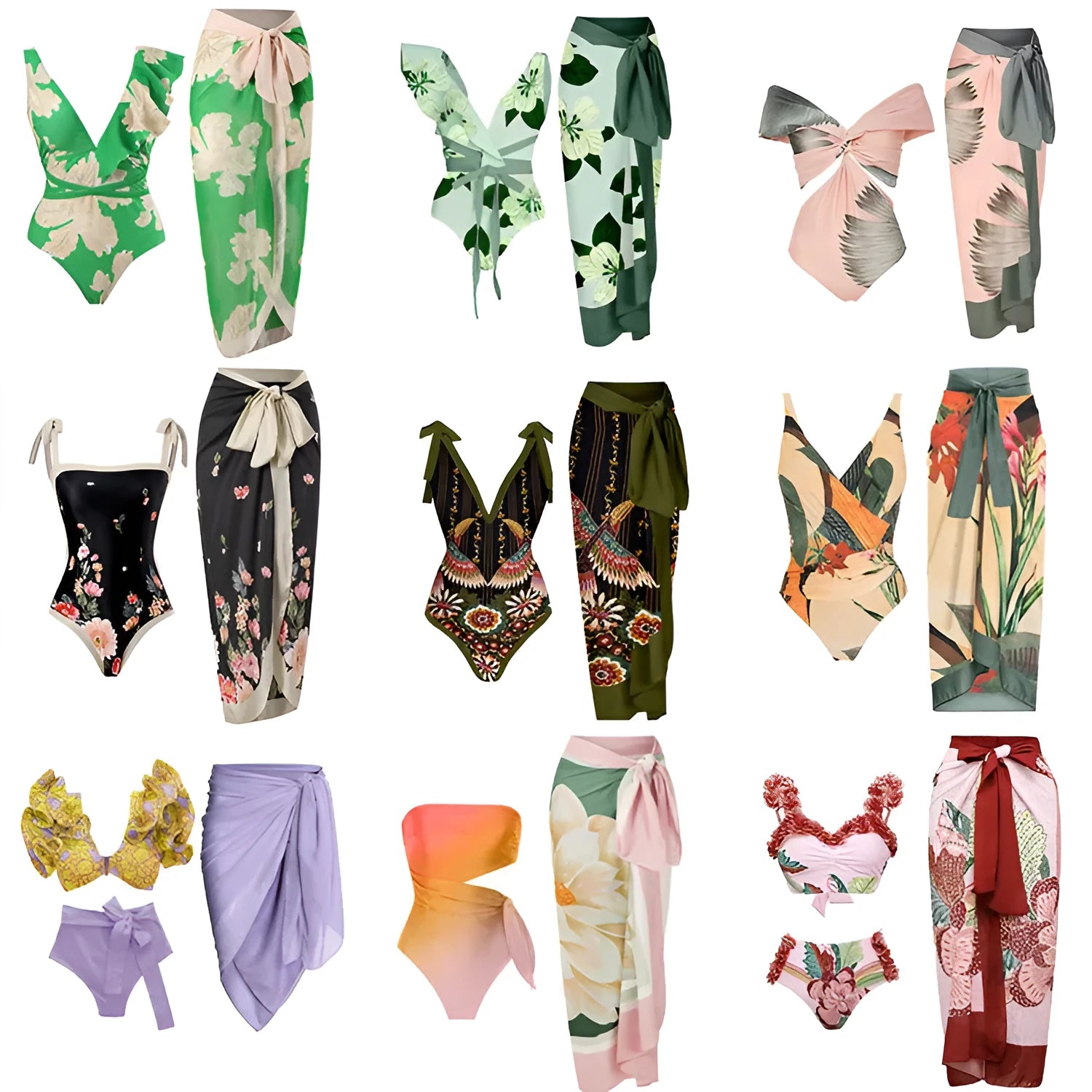 Women's retro three-piece polyester swimsuit set in a conservative, belly-covering design.
