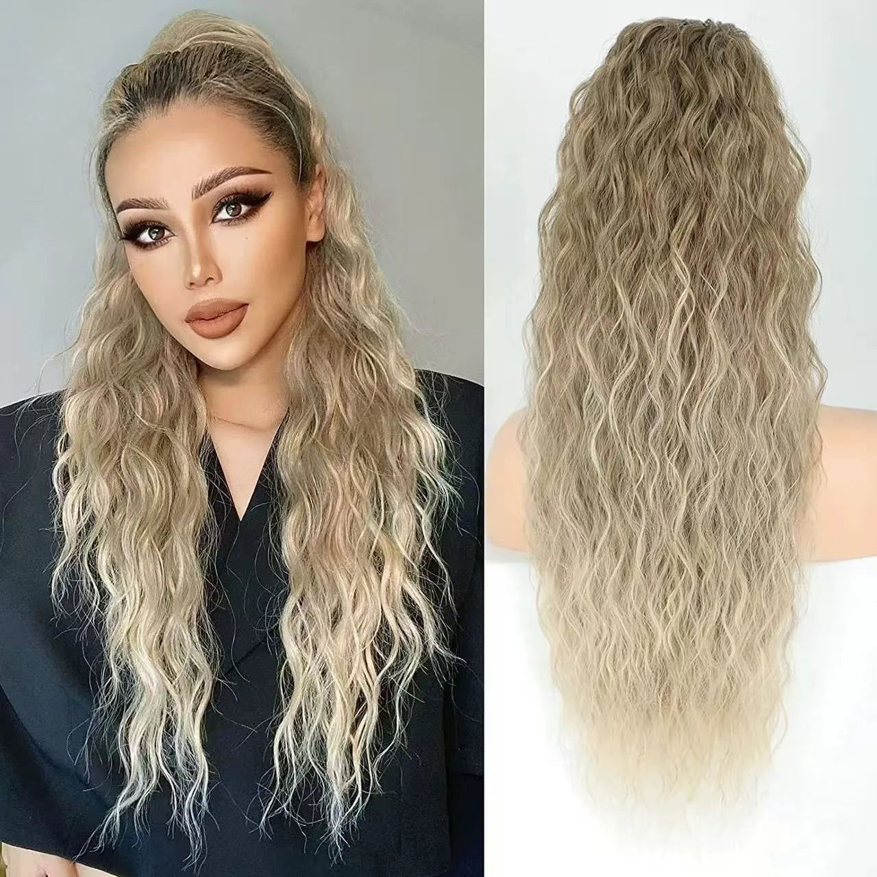 Long curly synthetic ponytail wig in high temperature fibre, 30 inches in length.