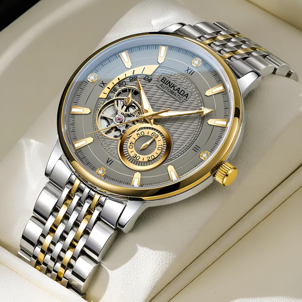 Gold white surface men's automatic waterproof mechanical watch with multi-function dial and 9mm thickness