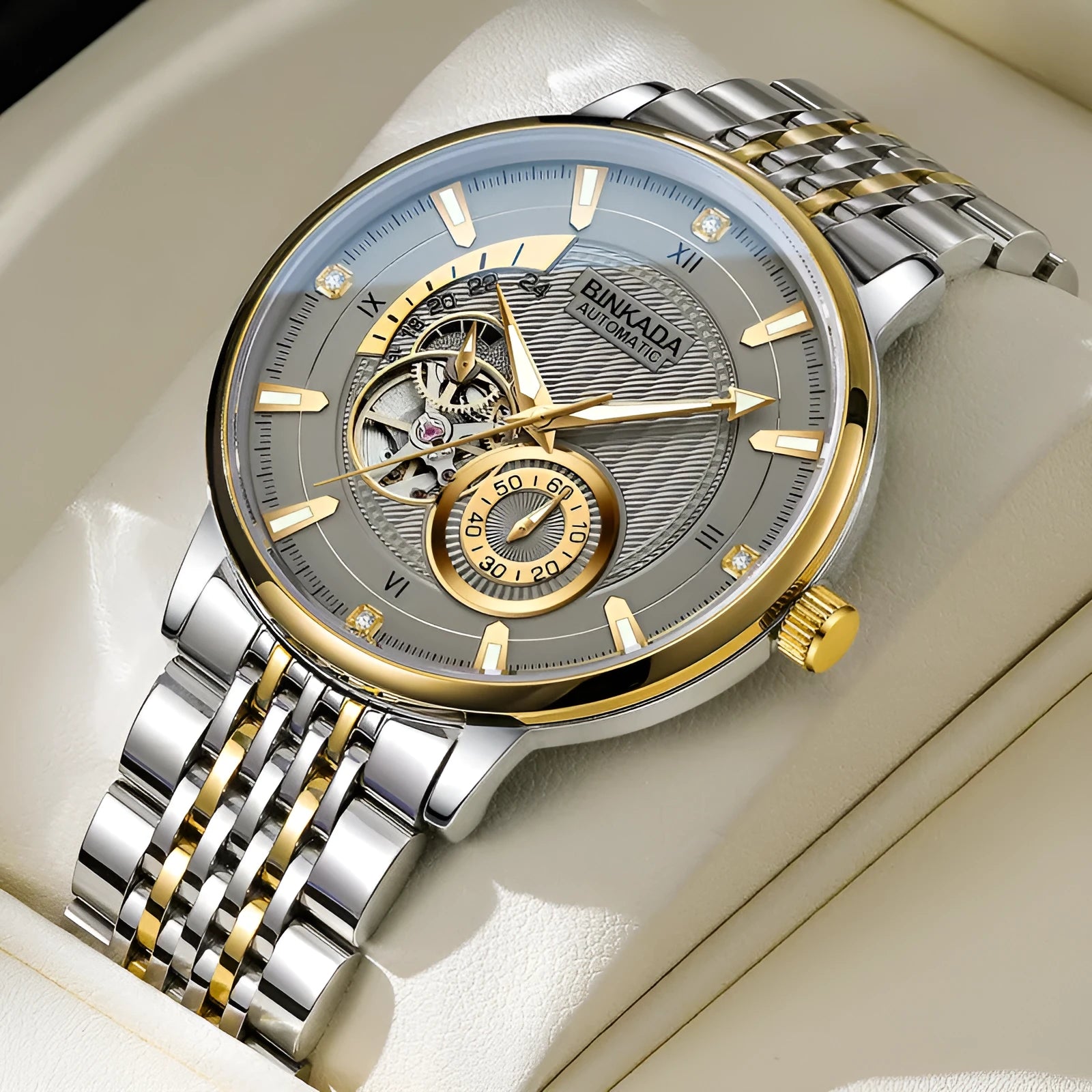 Gold white surface men's automatic waterproof mechanical watch with multi-function dial and 9mm thickness