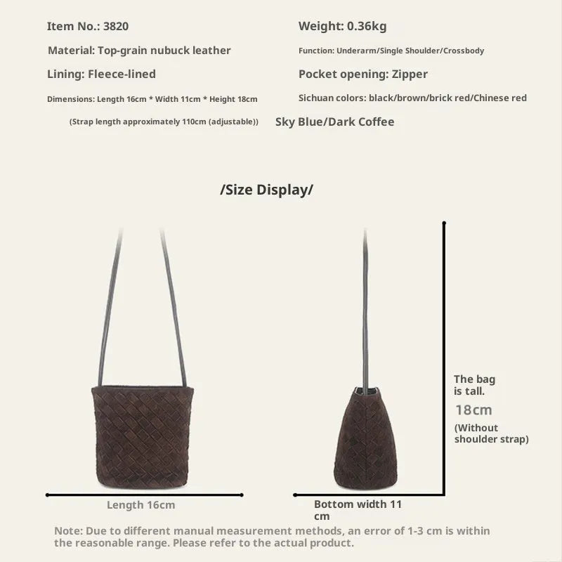 Cowhide leather barrel-shaped zip crossbody bag in black with weaving detail and crossbody strap