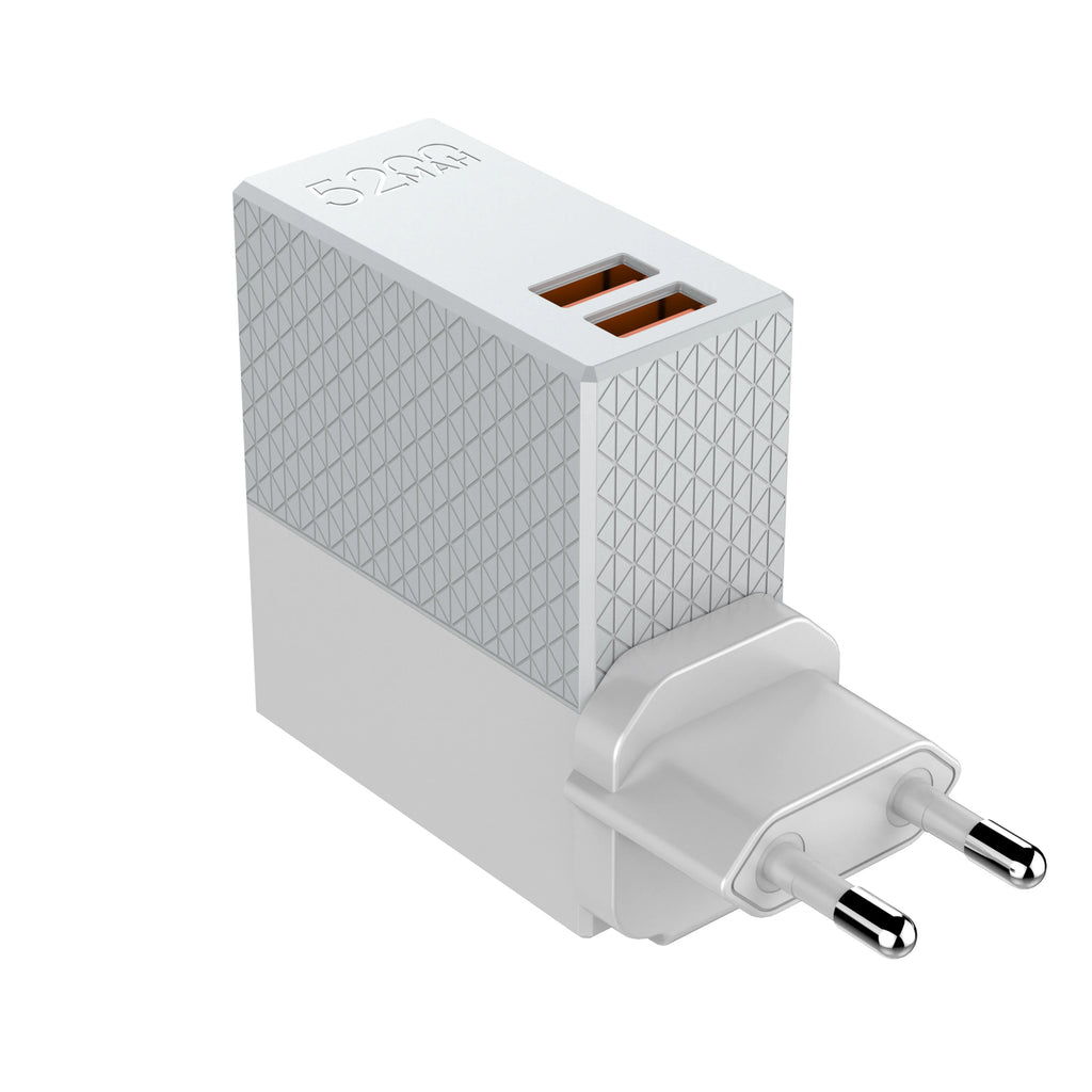 White mobile power bank charger with integrated plug showing UK, US and EU plug options