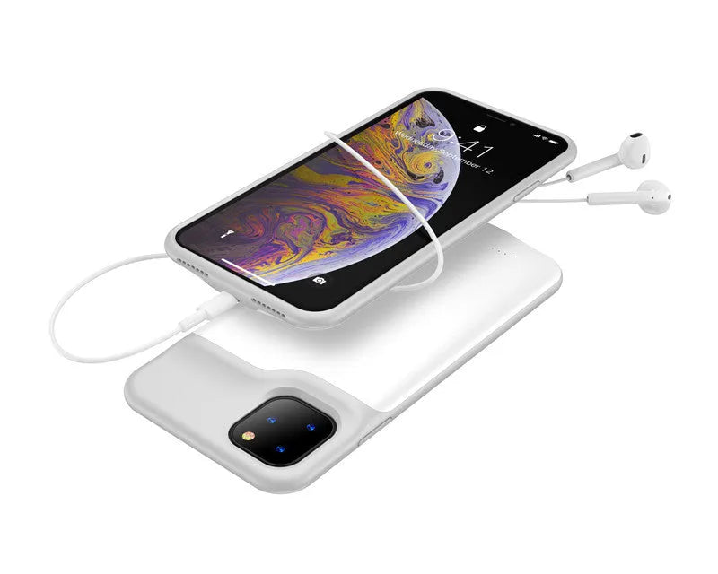 Black silicone iPhone battery charger case showing Lightning port and soft shell construction