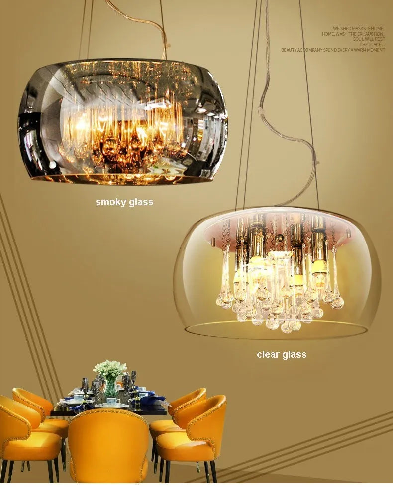 Modern minimalist LED ceiling chandelier with smoky gray glass cover for living room dining room