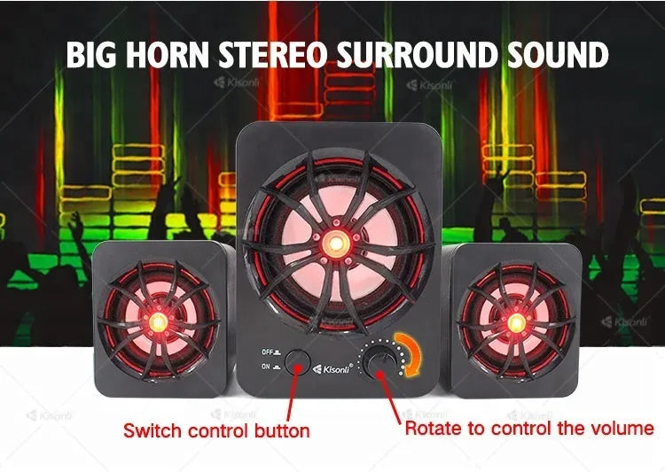 Green USB-powered 2.1 channel computer speaker with colourful LED lighting on desktop