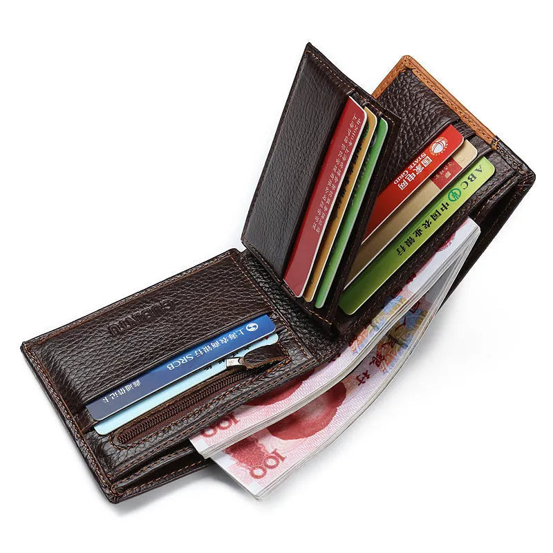 Soft leather men's wallet with personality stitching, shown open to reveal card slots, bill holder, and a zippered coin compartment.