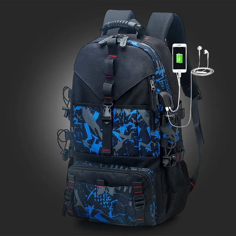 Men's waterproof Oxford cloth hiking backpack in camouflage colour with air pillow belt.