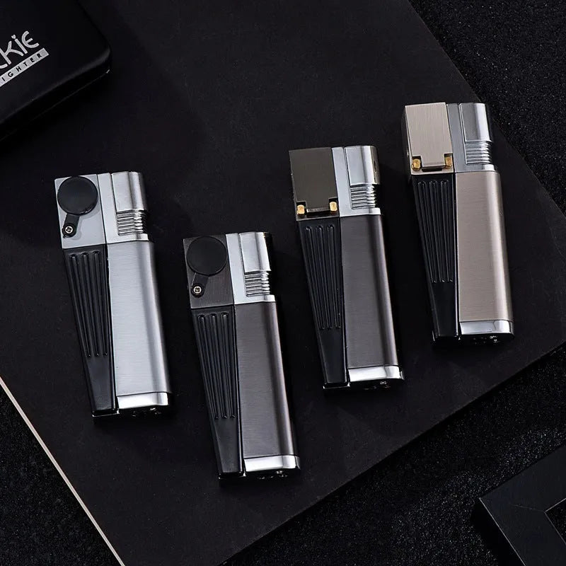 Silver foldable metal pipe lighter in open position showing flame mechanism and storage compartment.