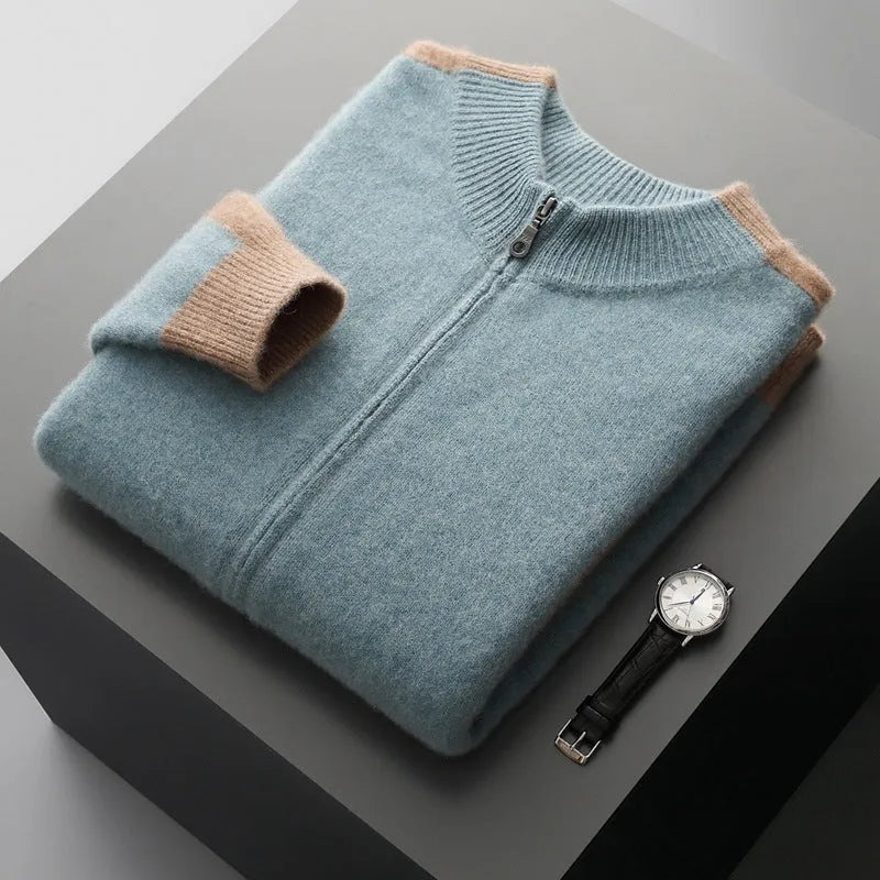 Men's half turtleneck zipper cardigan sweater in wool with loose fit and long sleeves