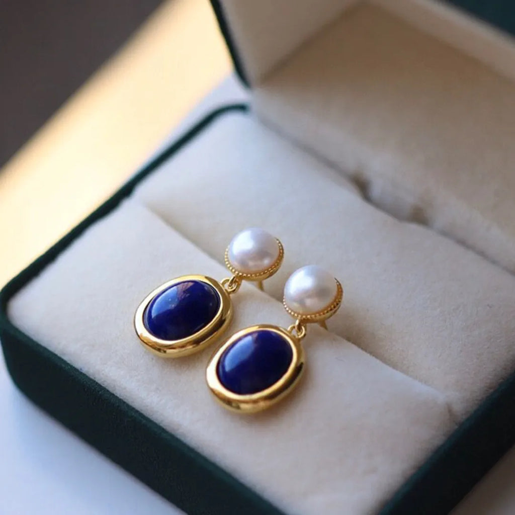 Natural lapis lazuli pearl earrings in 925 Sterling Silver with auspicious patterns