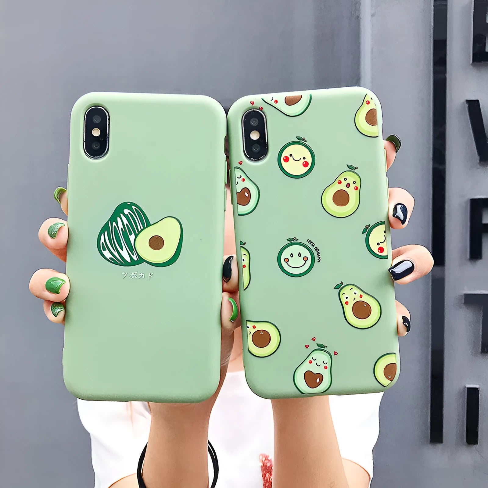 Green cartoon avocado design on a black TPU phone case for Apple iPhone.
