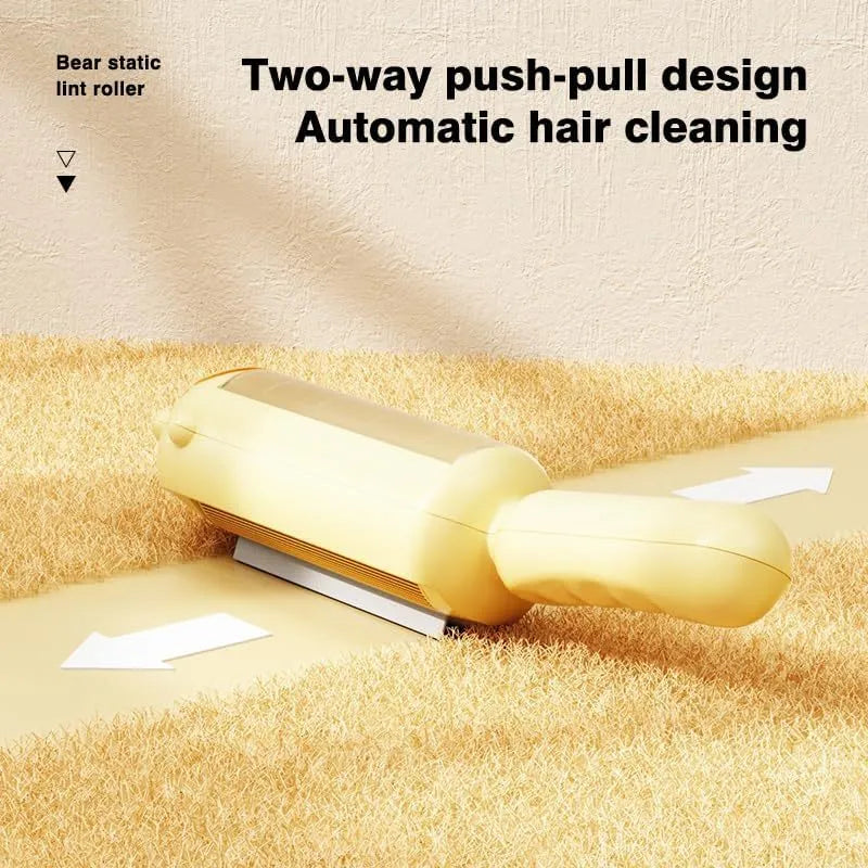 Blue pet hair removal tool with a roller and self-cleaning base for furniture and cars.