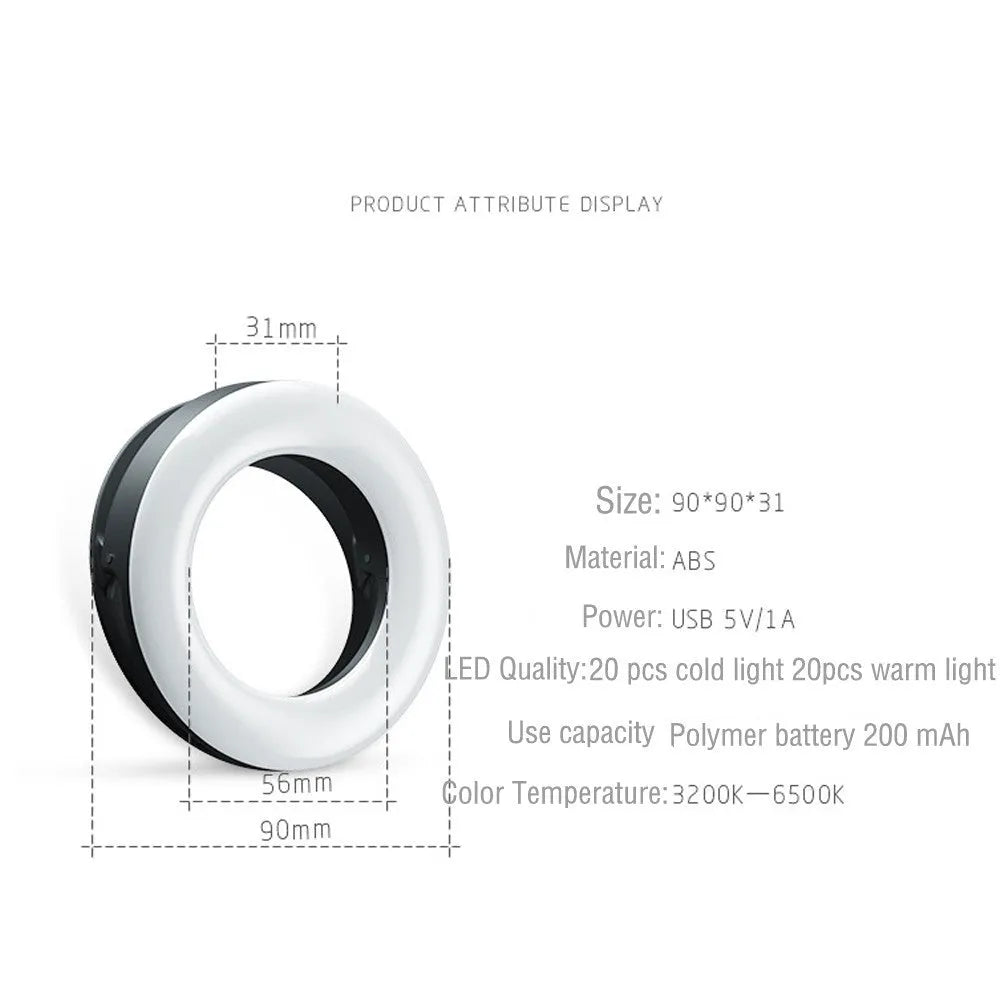 Black LED selfie ring light for mobile phones with USB cable and adjustable brightness settings