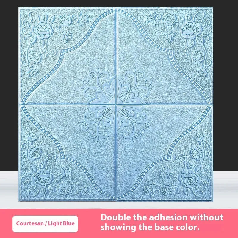 Light blue self-adhesive foam wall sticker with a three-dimensional plants and flowers pattern, shown at 70cm by 70cm.