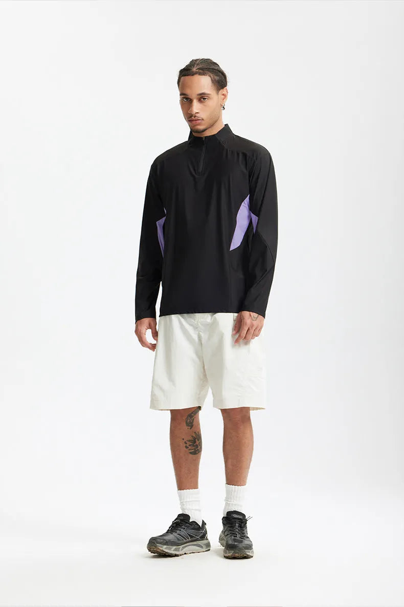 Men's solid colour polyester top with stitching detail in black and beige with long and short sleeve options