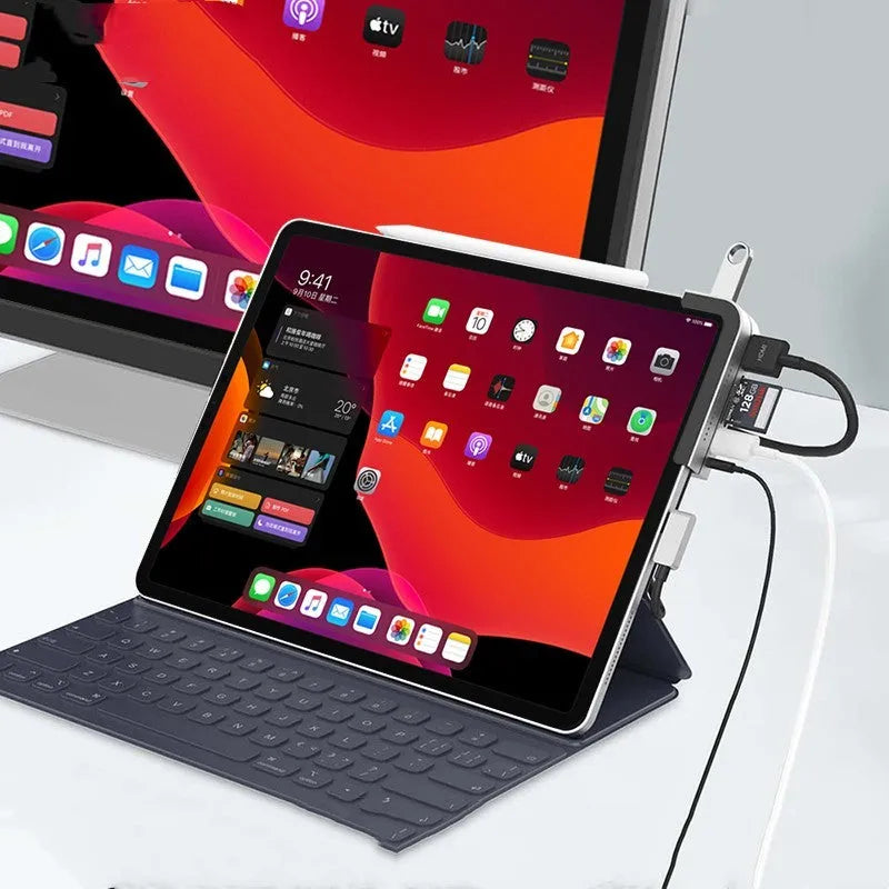 Silver aluminium grey 6-in-1 USB-C docking station and hub for iPad Pro tablets