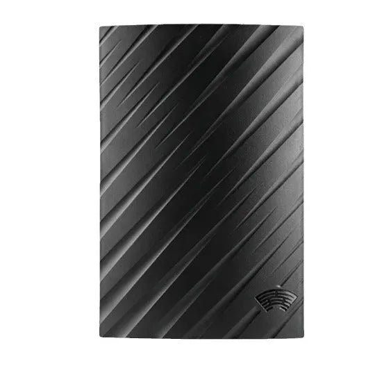 Black plastic digital television antenna with mounting accessories including screws and adhesive tape