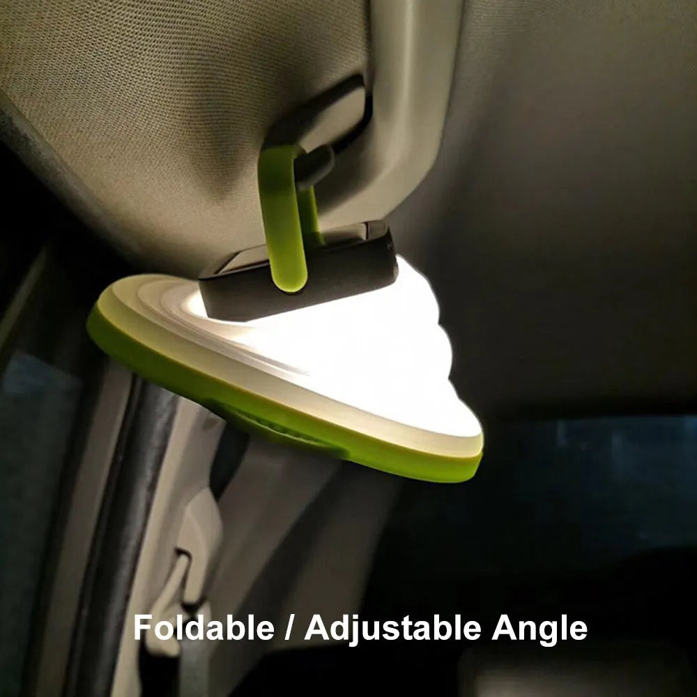 Collapsible IP68 waterproof solar camping light folded to 2.5cm thickness with USB charging port