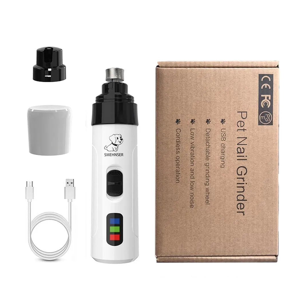 Automatic electric nail grinder for dogs with LED display and dust collection compartment.
