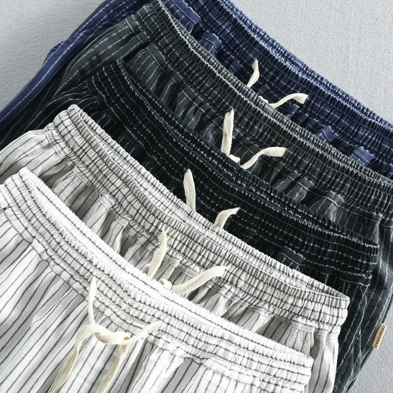 Men's striped casual shorts in light blue with a loose straight fit and mid waist.