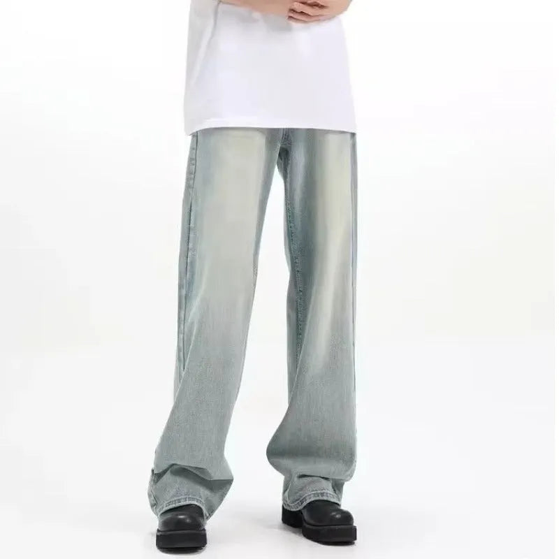 Blue retro loose-fit casual trousers made from rabbit fur fabric.