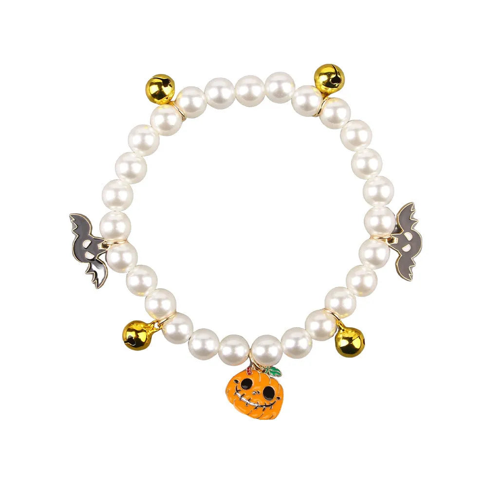 Halloween pet collar decoration with simulated pearl necklace design in purple ghost pumpkin pattern