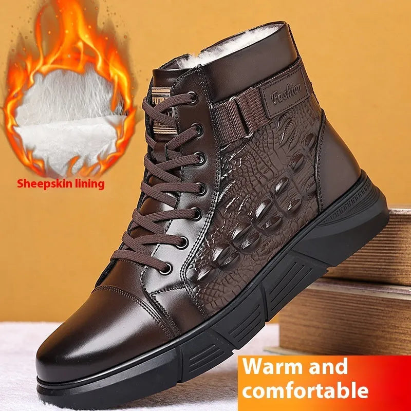 Men's black snow boots with fur trim, genuine leather upper, and rubber soles with lace-up closure