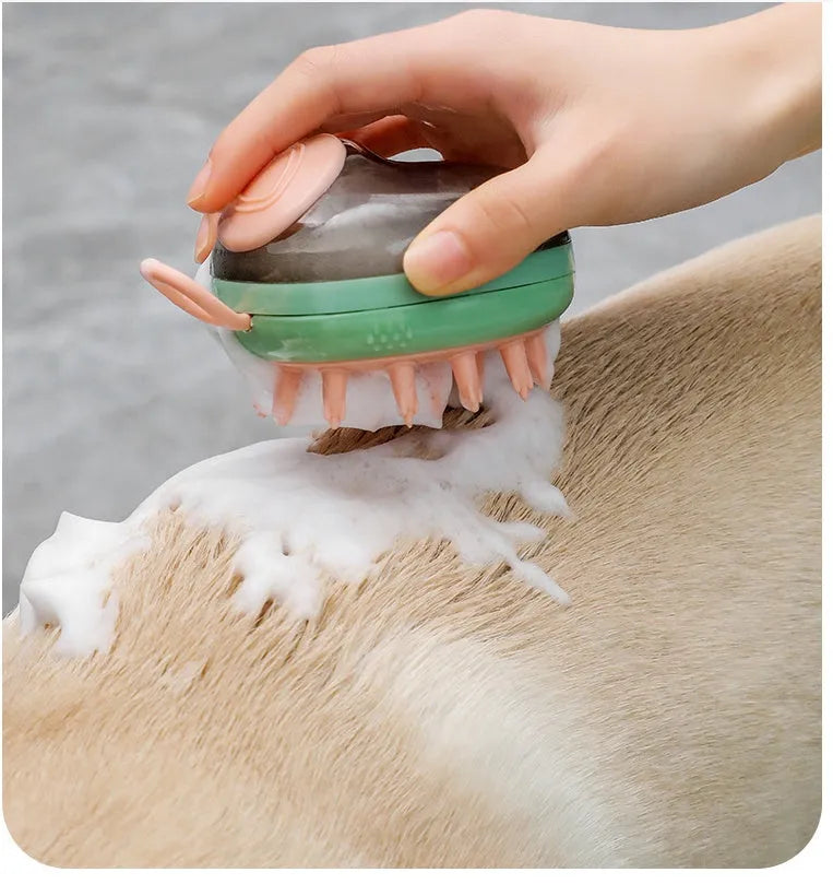 Blue and green pet grooming brush with shampoo dispenser for dogs and cats.